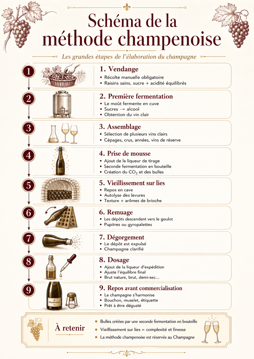 Schéma des étapes de la méthode champenoise, de la vendange au dosage du champagne